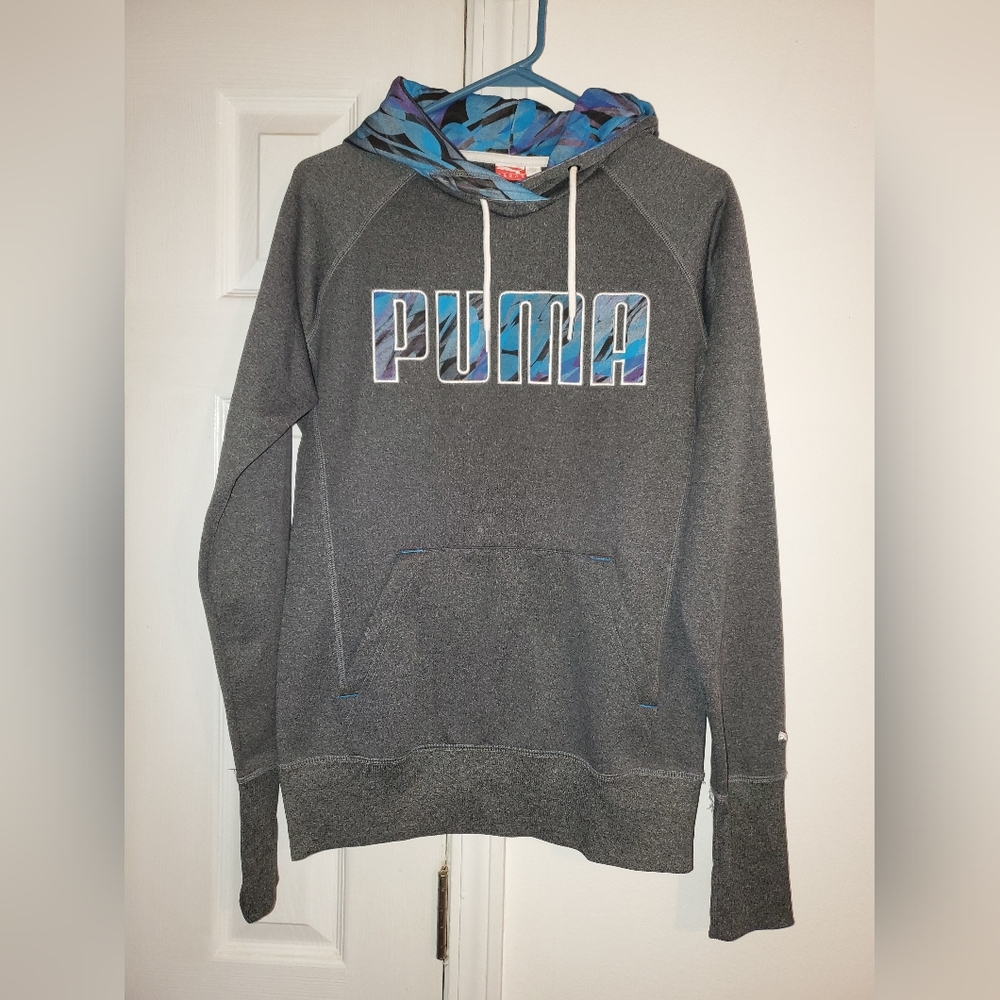 Puma Pullover Sweatshirt Hoodie Kangaroo Pocket Gray Blue Purple Size Medium